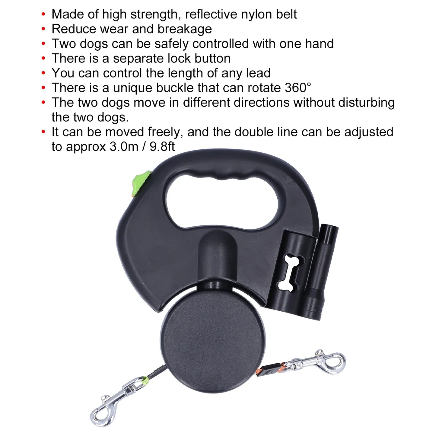 Retractable Double Dog Leash – No-Tangle Dual Leash for Two Dogs, Heavy Duty, Reflective, Comfortable Grip